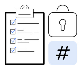 Clipboard with checklist alongside secured padlock and hash symbol in blue. Ideal for concepts thumbs up data security, organization, task management, authentication, coding, cybersecurity, simple