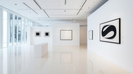 Minimalist highend art gallery with neutral walls, elegant sculptures, and soft accent lighting
