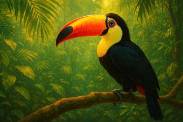 Tropical Toucan Perched on Branch in Lush Jungle Setting for Nature Prints