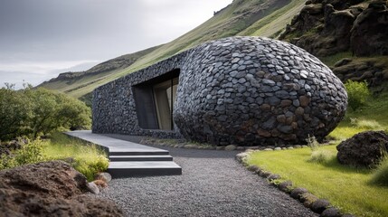 Icelandic Stone Cabin Contemporary Design Unique Architecture Northern Landscape Modern Retreat Secluded Getaway Cabin Exterior Natural Materials Artistic Interpretation lowercase 