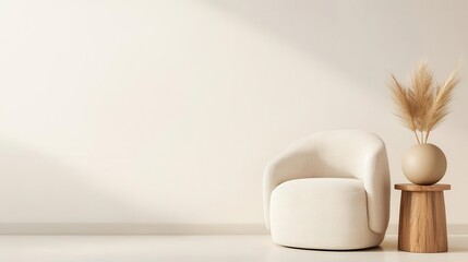 Luxury minimalist lounge with sculptural furniture, warm golden accents, and a harmonious neutral color palette