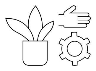 Hand gesture next to a potted plant and gear outline, representing care, growth, teamwork, eco-consciousness, innovation, development, and productivity. Ideal for eco designs teamwork workflows