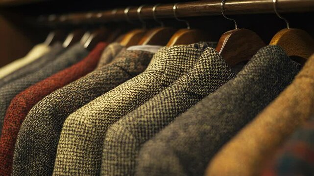 Assortment of tailored tweed jackets hanging in a closet, showcasing various colors and textures, ready for business or formal occasions