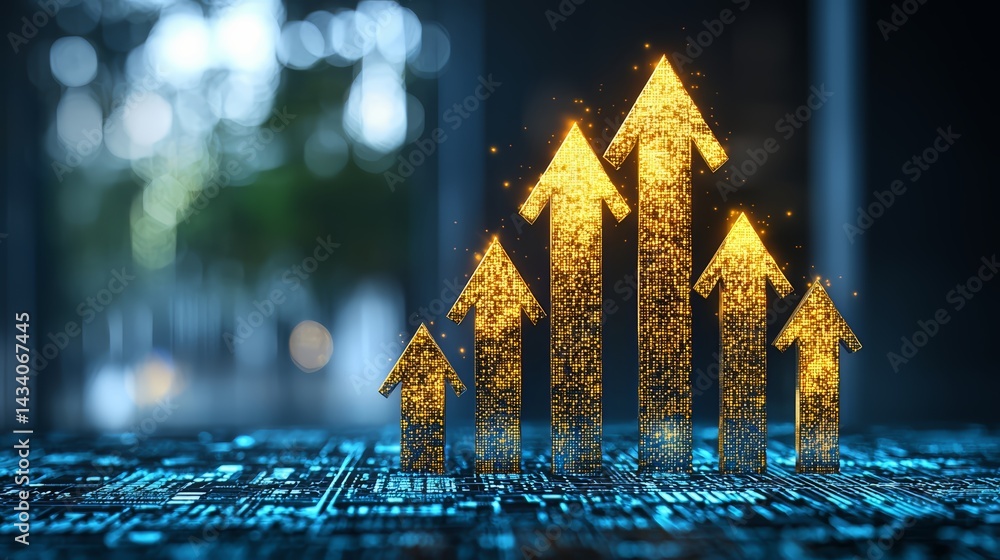 Poster group of gold arrows pointing upwards on a blue background. concept of progress and growth, as the a