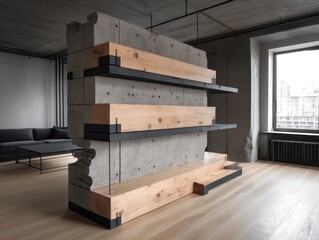 Modern interior design featuring a concrete wall with wooden shelves in a spacious loft apartment showcasing minimalist aesthetic and natural light creating a serene atmosphere