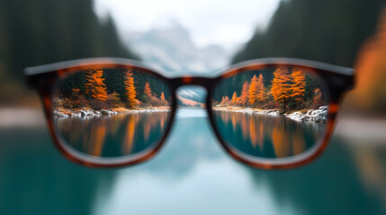 Autumnal Lake Reflection Viewed Through Brown Tortoise Shell Eyeglasses