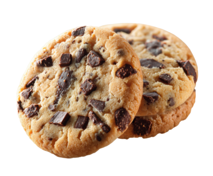 Delicious chocolate chip cookies perfect for dessert or snack time on a transparent background, cut out