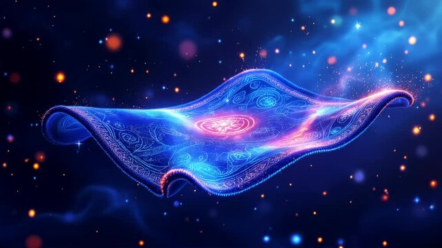 Magical, glowing carpet floats in a vibrant cosmic backdrop, A vibrant, digitally rendered image of a magical carpet, glowing with blue and pink light.