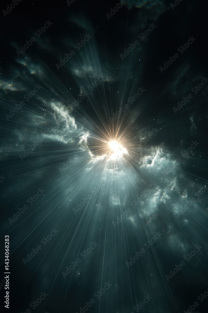 Poster ethereal light streams through celestial clouds creating a dramatic and inspiring scene of hope and 