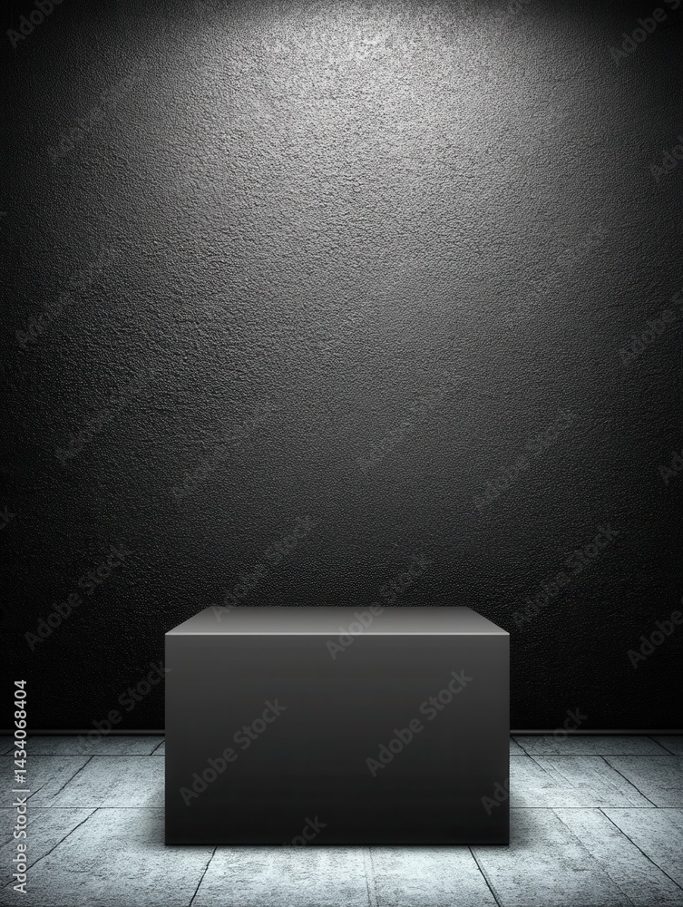 Poster dark textured wall and floor with a black cube in the center illuminated by a spotlight creating a d