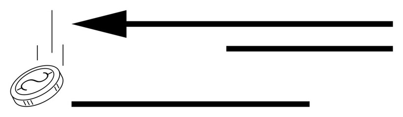Fototapeta premium Coin descending vertically next to bold arrows pointing horizontally. Ideal for finance, investment, strategy, direction, movement, momentum, progress. Clean flat simple metaphor