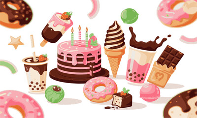 A modern vector-style illustration of various sweet desserts and drinks, easily editable.