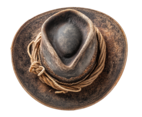 Weathered cowboy hat on display for rustic western themed decor on a transparent background, cut out