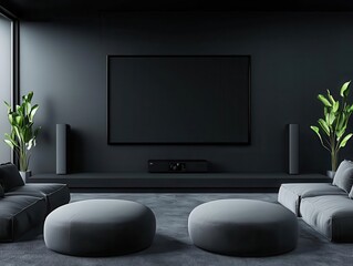 Highend minimalist home theater with plush seating, dark neutral tones, and an ultramodern entertainment system