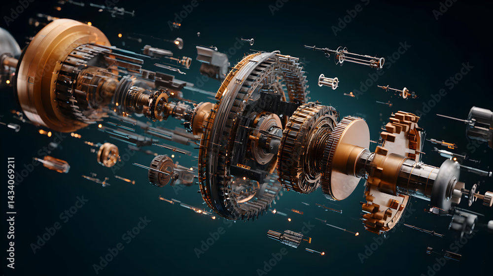 Poster Exploded view of a complex mechanical system revealing intricate components and engineering precision