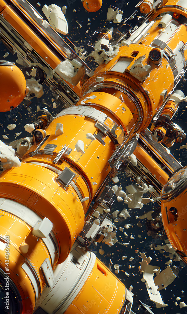 Poster futuristic exploration space station with intricate design in deep orbit surrounding earth
