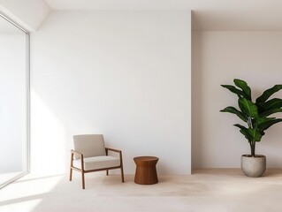 Fototapeta premium Luxury villa living space with a sleek, open minimalist design, soft neutral furnishings, and warm accent lighting