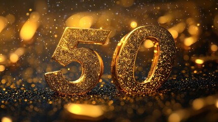 Golden glitter number fifty on dark background.