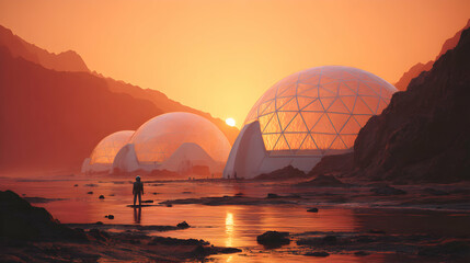 Obraz premium Exploring the alien landscape orange sunset on a distant planet with unique biosphere domes and astronaut
