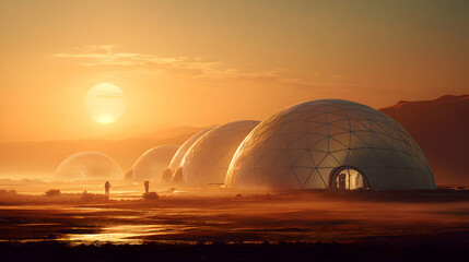 Terraforming domes reflect the glow of the setting sun revealing a new colony experience