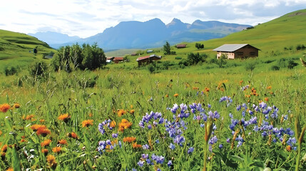 Colorful Meadow With Mountain View