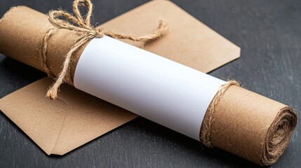 Rustic Scroll and Envelope on Dark Background. Vintage Paper Wrapped with Twine for Sending Messages