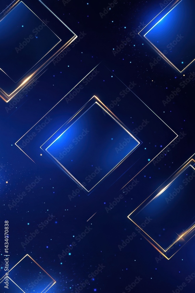 Poster abstract geometric background with glowing squares and sparkling stardust on dark blue backdrop eleg