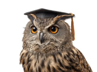 Wise owl wearing graduation cap symbolizes knowledge and education on a transparent background, cut out