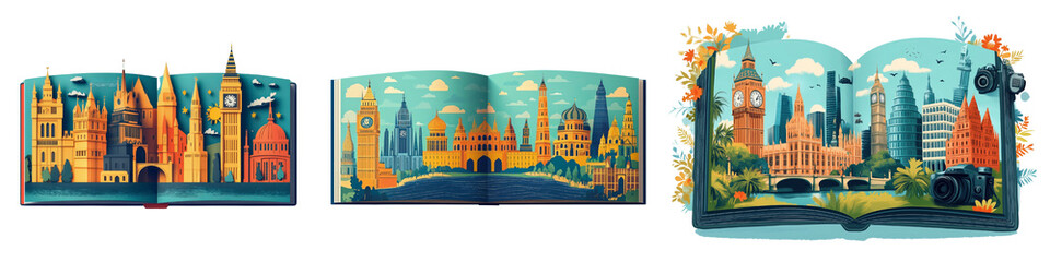 Obraz premium Collection of three open books with famous city landmarks illustrated in a pop-up style, isolated on a transparent background.