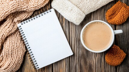 Cozy Autumn Still Life with Coffee, Knitted Sweaters, and Blank Notebook on Rustic Wooden Table