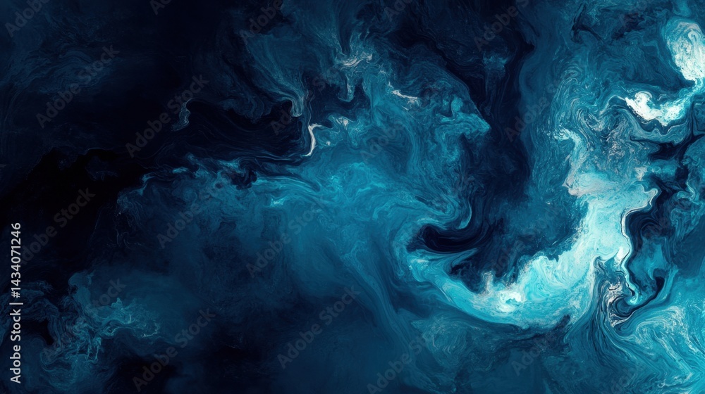 Poster abstract fluid art in shades of deep blue and turquoise evoking ocean depths and swirling currents c