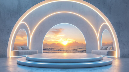 Ocean sunset viewed through arched, neon-lit alcoves with minimalist seating