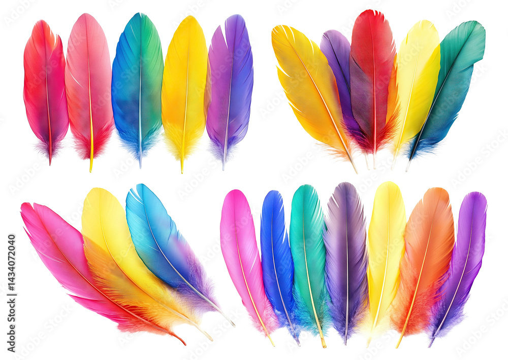Poster set of colorful feathers arranged in a row, isolated on transparent cutout background