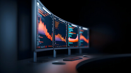 Modern Trading Setup with Multiple Curved Monitors Displaying Financial Data and Code