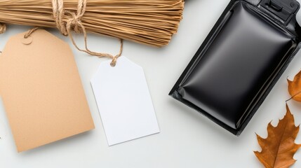Natural and Simple Arrangement of Craft Supplies with Tags, Dried Leaves, and a Packaging for Decoration