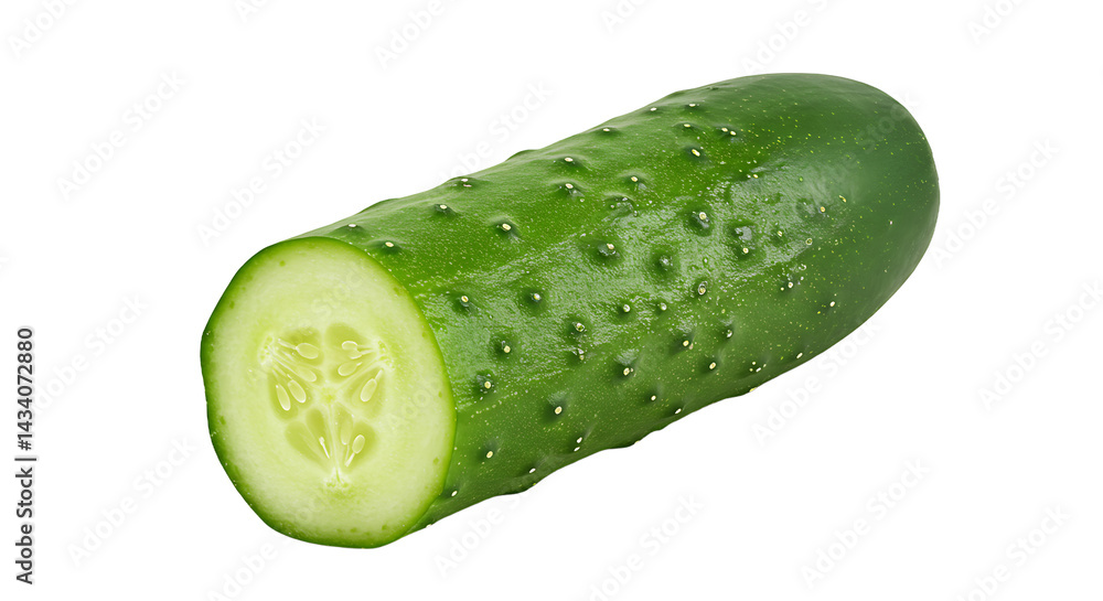 Poster a close up of a sliced cucumber with a black background in a studio shot showcasing its texture