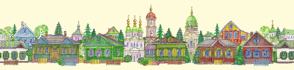 Fototapeta premium Seamless border pattern of fairy tale wooden houses street, churches, trees. Hand drawn pencils sketch on a beige background