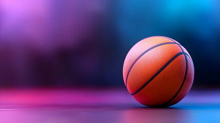 Fototapeta premium Orange Basketball on Dark Abstract Background with Purple and Blue Lighting