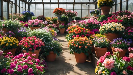 Fototapeta premium Sun-drenched greenhouse filled with vibrant blooming flowers