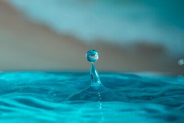 Water droplets fall down closely into the blue water, making it the perfect center in nature