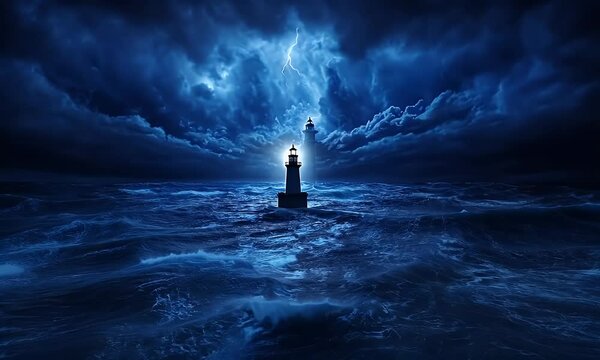 Stormy night seascape lighthouse