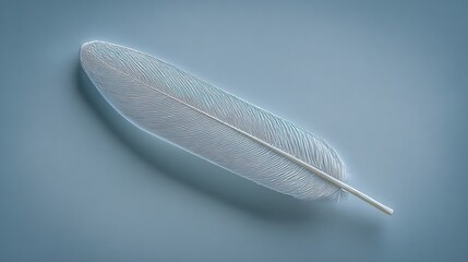 A delicate feather rests on a smooth, blue surface, showcasing intricate details and a serene aesthetic.