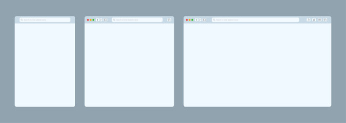 Transparent browser window on blue and violet background. Window internet browser with toolbar and search bar. Blank screen website mockup. Template design for ui, ux, app. Vector illustration
