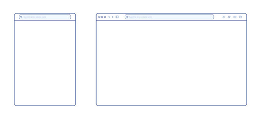Transparent browser window on blue and violet background. Window internet browser with toolbar and search bar. Blank screen website mockup. Template design for ui, ux, app. Vector illustration