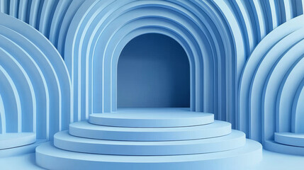 Abstract blue arched platform; layered, minimalist design
