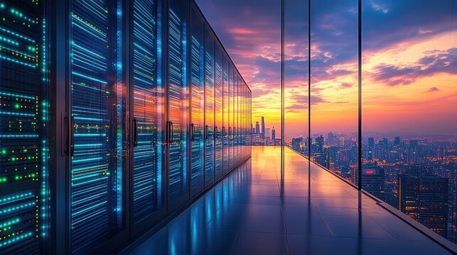 Modern server room with city skyline view