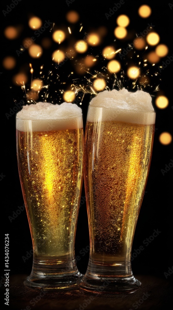 Poster two glasses of golden beer with foam against a dark background with sparkling lights creating a fest
