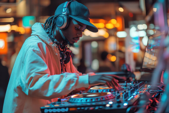 DJ in headphones working on a mixer.
