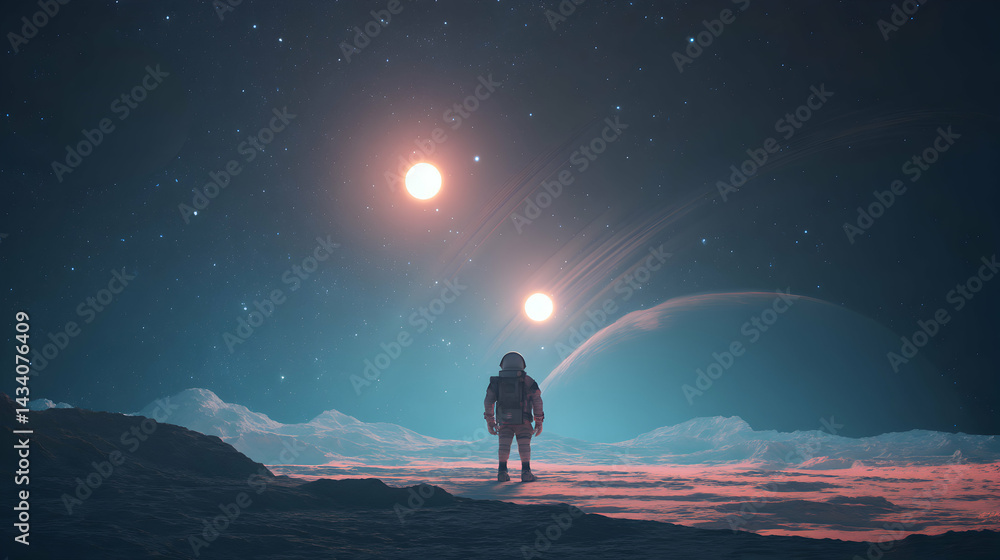 Aufkleber astronaut gazes towards a binary sun system on a desolate alien planet in the cosmos