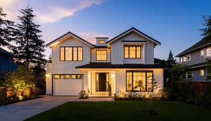 Modern farmhouse home at dusk
